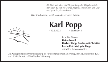 Traueranzeige von Karl Popp von Pegnitz-Zeitung